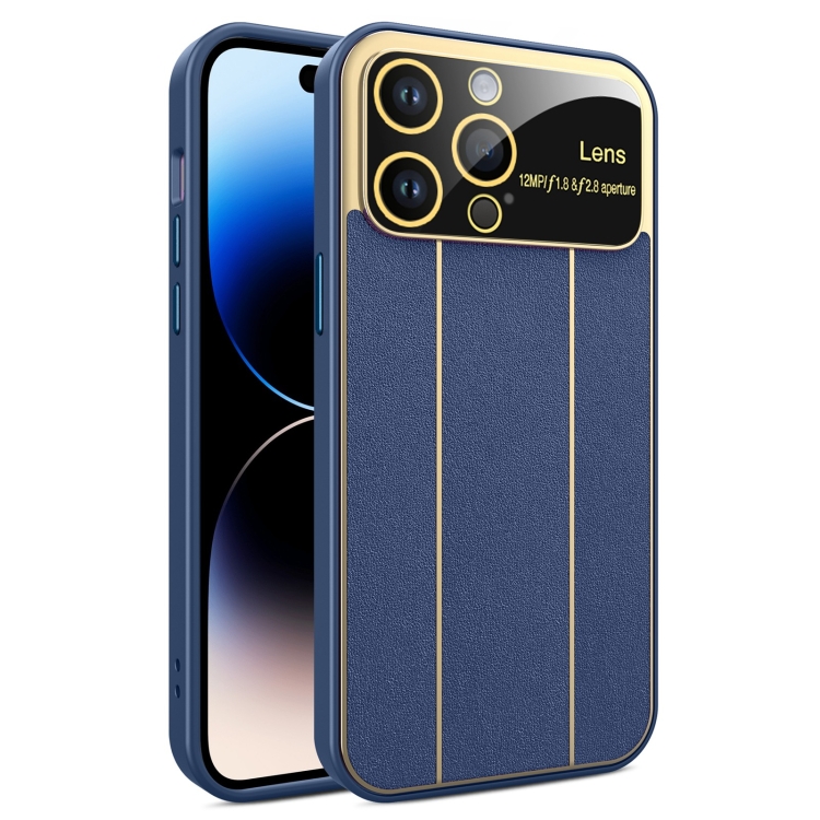 Per iPhone 14 Pro Max Custodia per cellulare con finestra grande galvanica  Litchi Grain (blu scuro)