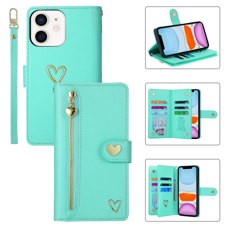 For iPhone 11 POLA Love MultiCard Slots Zipper Wallet Leather Phone