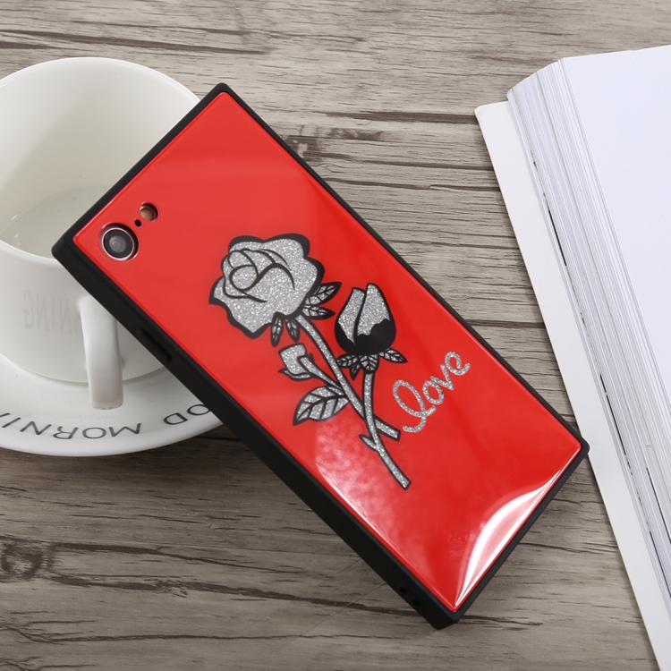 Glitter Rose Pattern Glass Case For iPhone SE 2020 & 8 & 7(Red)