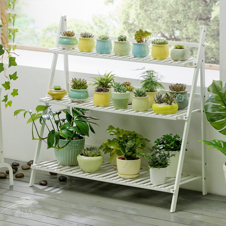 Uno scaffale con vasi di piante sopra e uno scaffale con sopra una pianta.