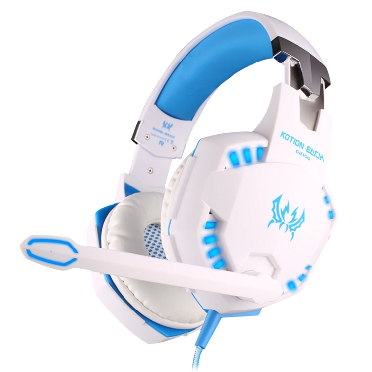 KOTION EACH G2100 Vibration Function Professional Gaming Headphone Games  Headset with Mic Stereo Bass LED Light for PC Gamer,Cable Length: About  2.2m(White + Blue)