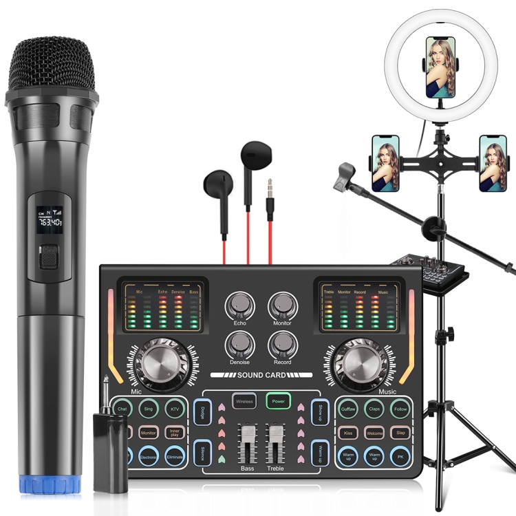 PULUZ Microphone Live Sound Card Kit with 1.6m Stand Selfie Ring Light ...