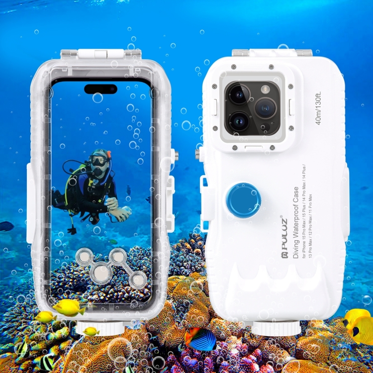 Capa de mergulho à prova d'água PULUZ 40 m/130 pés para iPhone 14 Plus / 14  Pro Max / 13 Pro Max / 12 Pro Max / 11 Pro Max, com válvula unidirecional  Foto e vídeo para captura subaquática (branco)