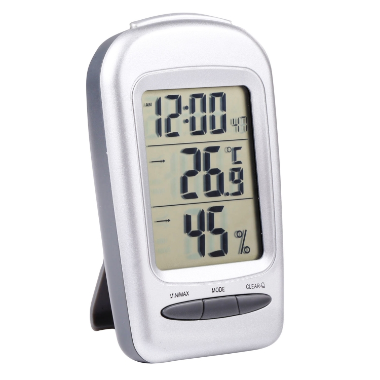 Hygromètre thermomètre en intérieur du bureau numérique LCD avec date /  horloge / gel d'avertissement (argent)