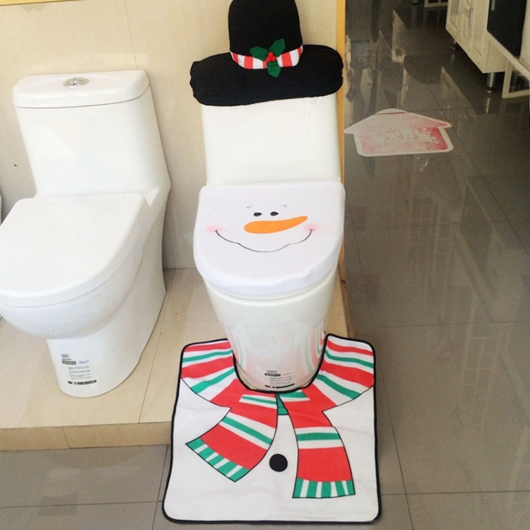 Fancy Christmas Decoration Happy Snowman Toilet Seat Cover Rug Bathroom Set