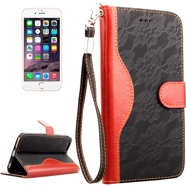For iPhone 6 Lace Texture Contrast Color Leather Case with Holder
