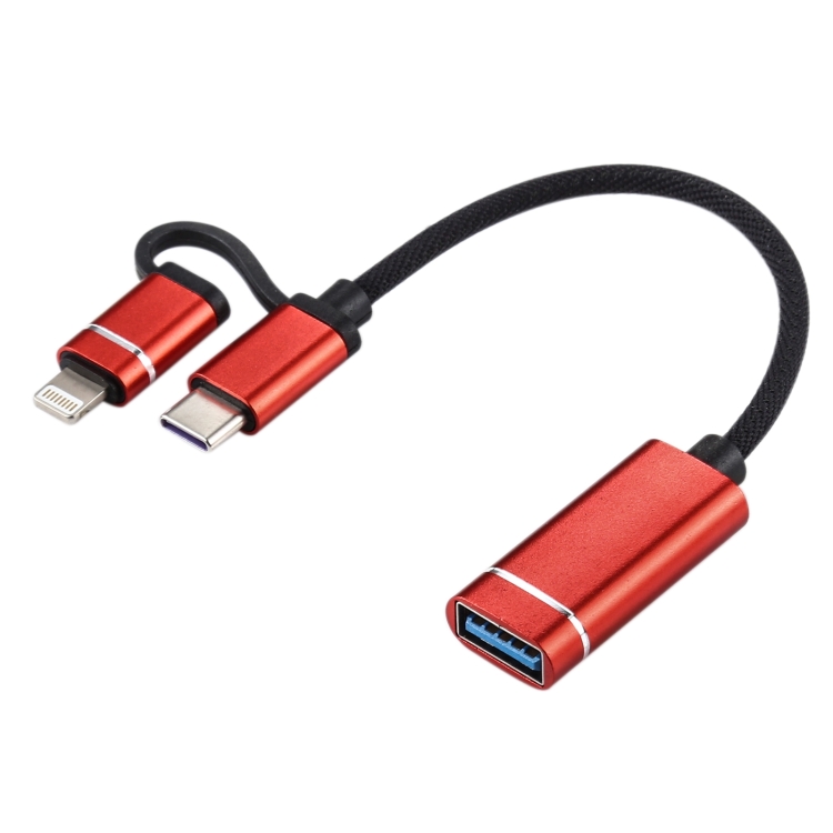 USB 3.0 Female to 8 Pin + USB-C / Type-C Male Charging + Transmission OTG  Nylon Braided Adapter Cable, Cable Length: 11cm(Red)