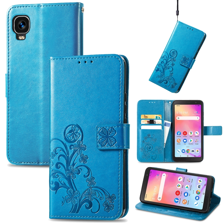 For TCL A509DL A3 Four leaf Clasp Embossed Leather Phone Case Blue