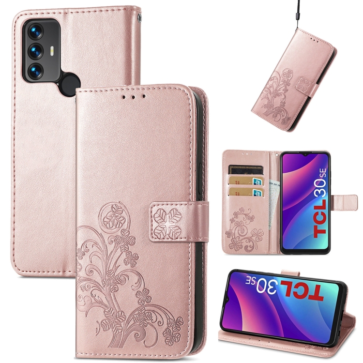 For TCL 30 SE Four leaf Clasp Embossed Leather Phone Case Rose Gold