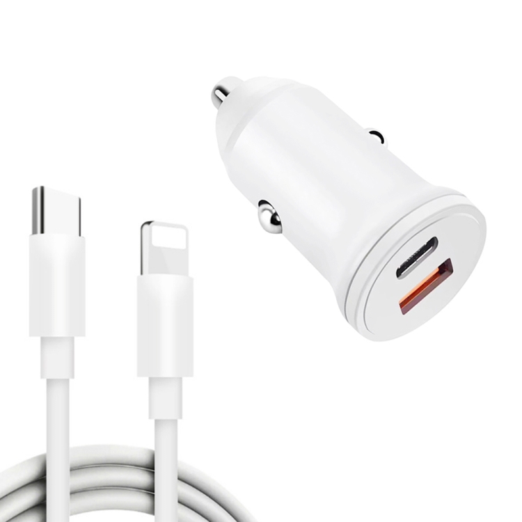 WKN-707 PD 20W USB-C / Type-C + QC 3.0 25W USB Mini Car Charger with USB-C  / Type-C to 8 Pin Data Cable, Cable Length: 1m(White)