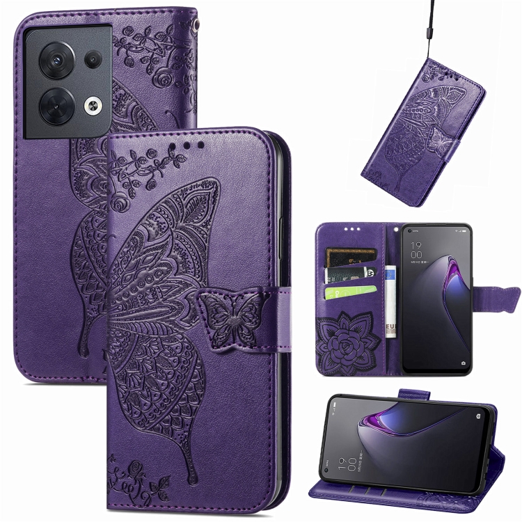 Для OPPO Reno8 Butterfly Love Flower Тисненый кожаный чехол-книжка для ...