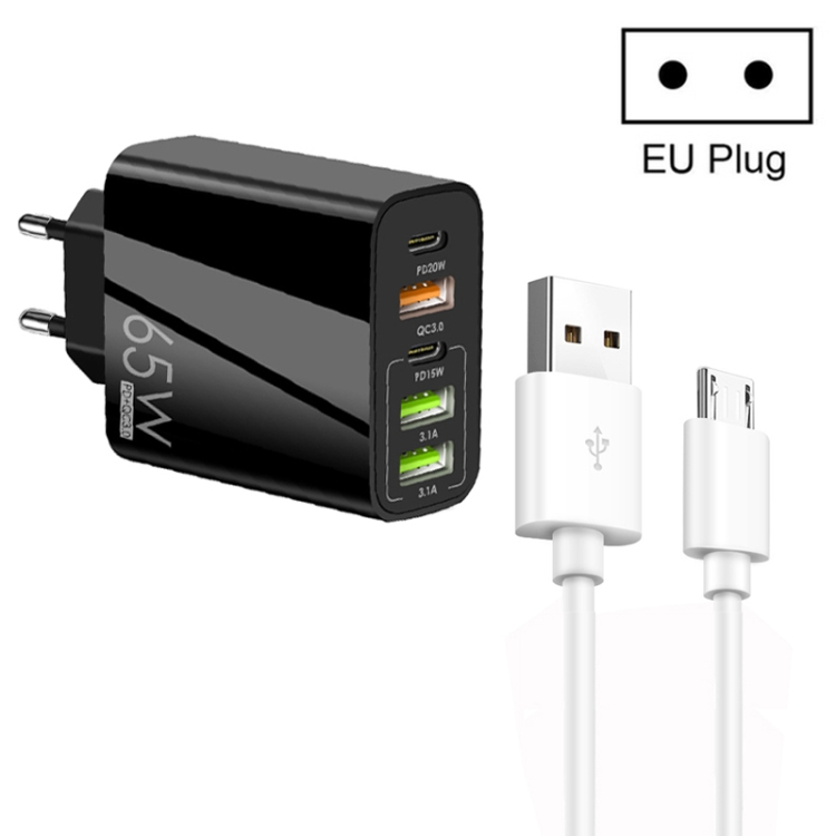 65W Dual PD Type-C + 3 x USB Multi Port Charger with 3A USB to Micro USB  Data Cable, EU Plug(Black)