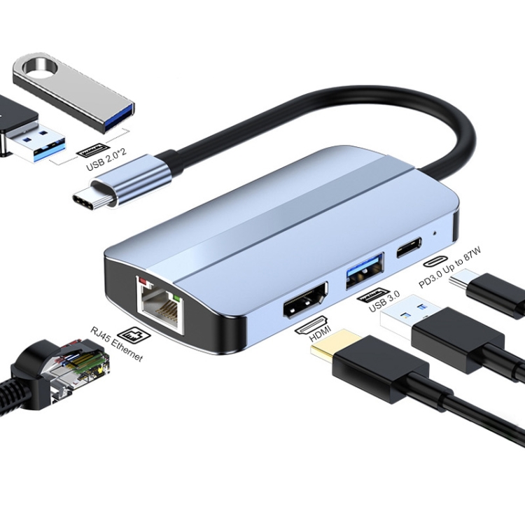 Hub USB C, adaptador multipuerto USB C Ethernet 6 en 1, USB C a