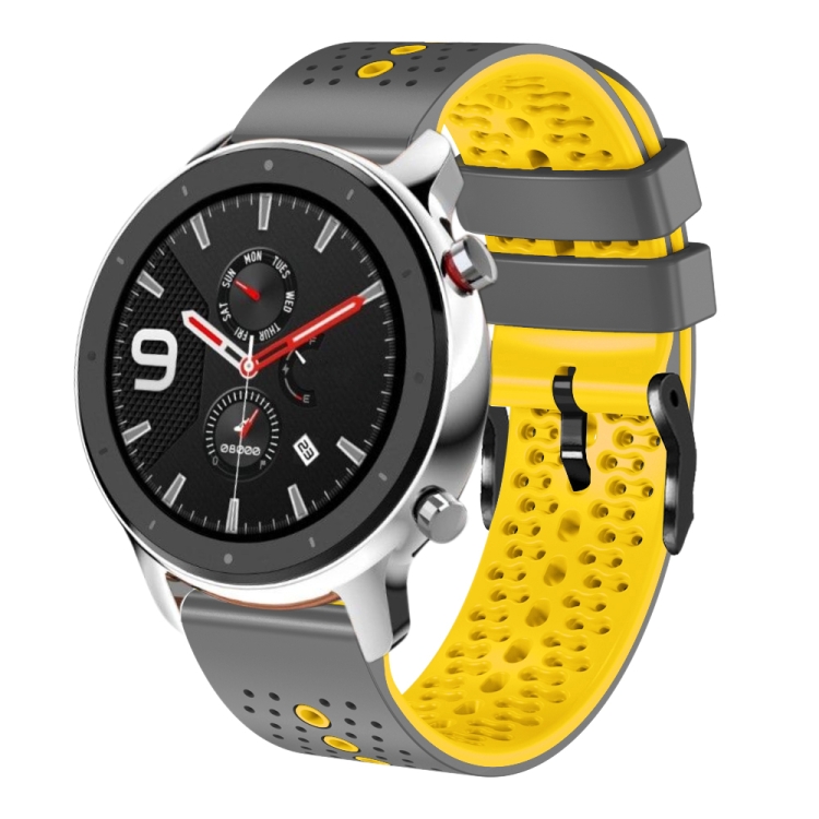 Para Amazfit GTR 4 22 mm correa de reloj de silicona bicolor perforada  (gris + amarillo)