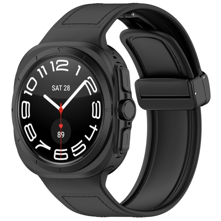For Samsung Galaxy Watch Ultra 47mm Magnetic Folding Buckle Silicone Leather Watch Band Black