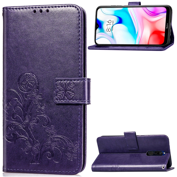 Para Xiaomi Redmi Note 13 4G Global Funda de cuero con relieve de cuatro  hojas (púrpura)