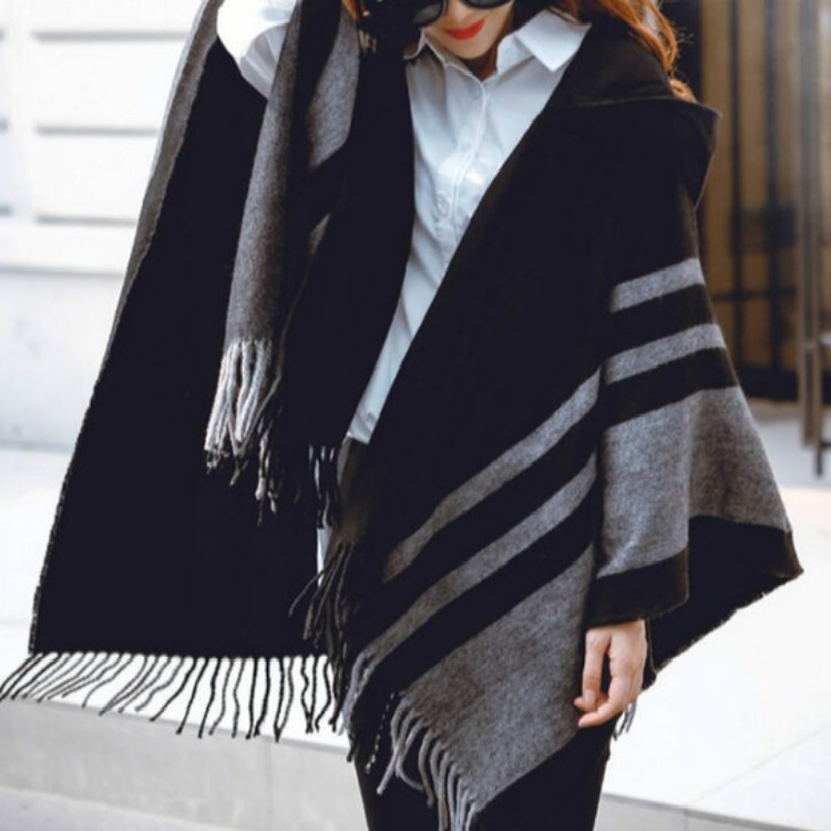 Autumn and Winter Ladies Hooded Warm Thick Tassel Cloak Shawl Scarf  Dual-use, Width:65cm(Black)