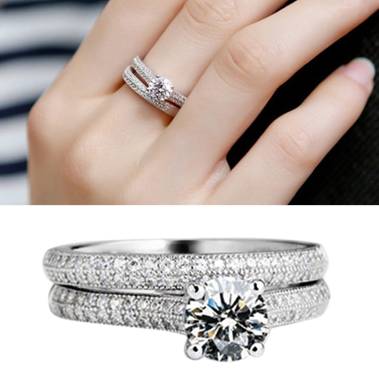 Silver Double Zircon Wedding Rings Set Ring Size 21