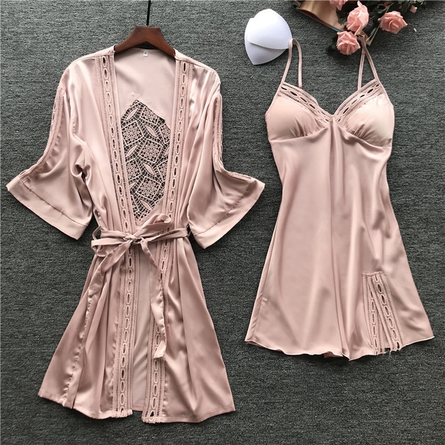 Women Robe & Gown Sets Sexy Lace Lounge Pijama Long Sleeve Ladies Nightwear  Bathrobe Night Dress with Chest Pads, Size:XL(Pink)