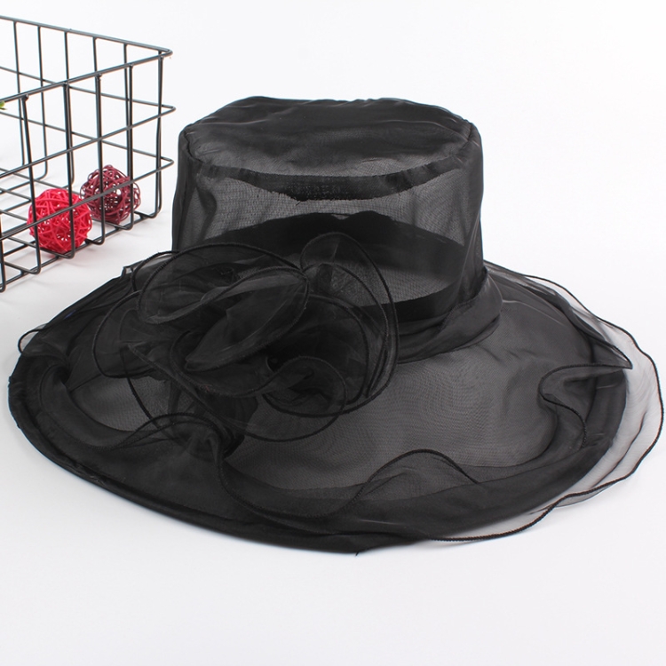 Sombrero de organza de ala ancha para primavera y verano para mujer,  sombrero de playa plegable para el sol (negro)