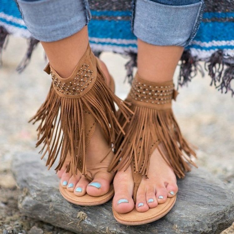 Sandalias planas de punta abierta con flecos y para mujer, tamaño: 42