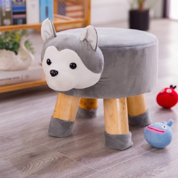 Solid Wood Animal Small Stool Children's Household Low Stool Cute Round  Stool(Low Leg Husky)