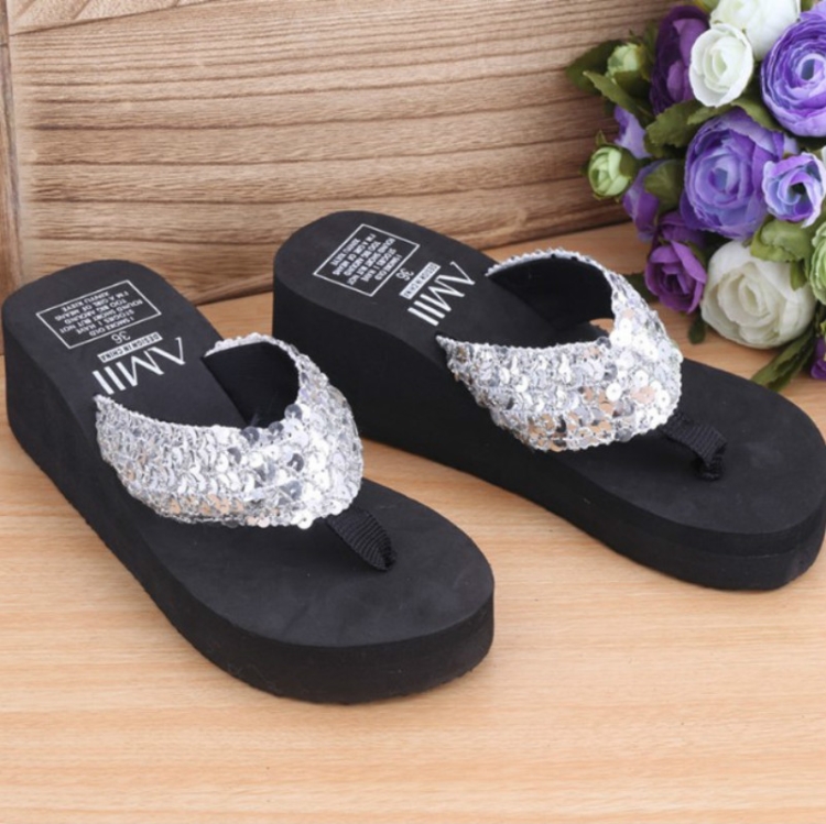 Sequin Slippers Wedge ith Flip Flops Size 39 Sequin Silver