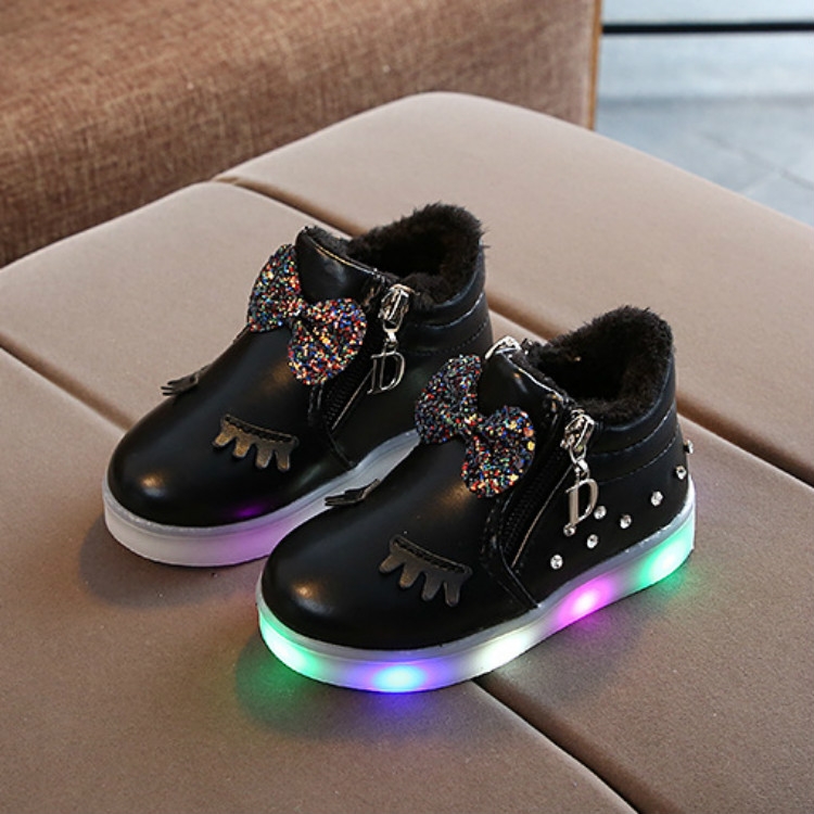 Infant Baby Girls Sport Shoes Crystal Bowknot LED Luminous Boots Sneakers Beauty 