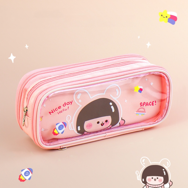 Transparent Layer Pencil Bag Cute Cartoon Stationery Box,Color: Pink Girl