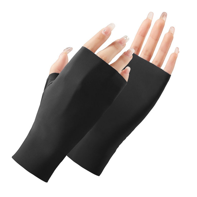 Ladies Sunscreen Gloves Half Finger Ice Silk Gloves,Style: Linked Finger (Black)