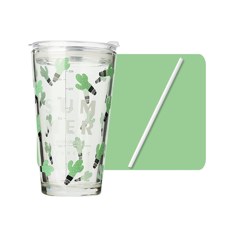 2 PCS Dibujos animados creativos Vaso de agua escalado de doble uso Jugo  Taza de leche Impresión para estudiantes Taza de vidrio engrosada para el  hogar, Estilo: Taza con tapa + Pajita (Cactus)