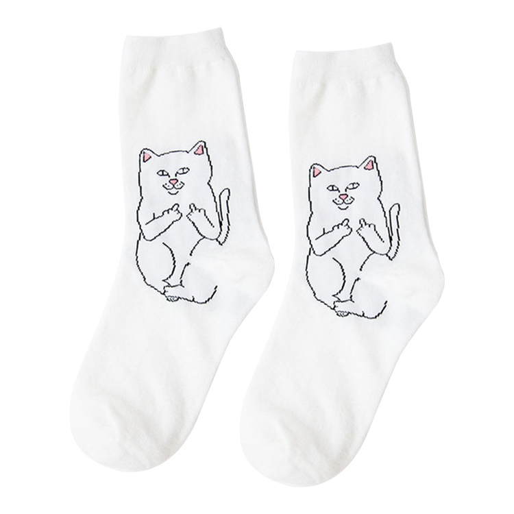 Middle Finger Cat Men and Women Hip Hop Street Wind Skateboard Tube Cotton  Socks(Cat White)