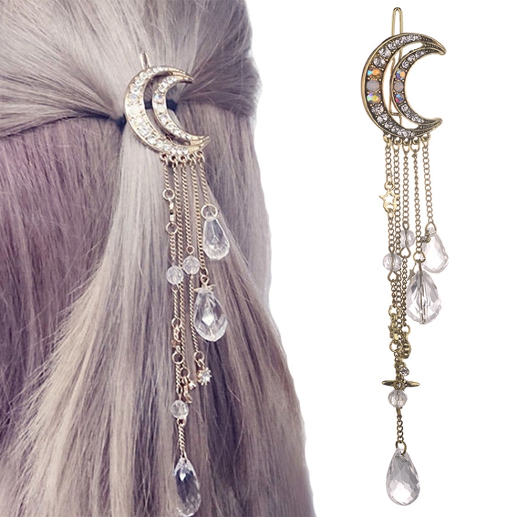 Mode femmes élégantes dame lune strass cristal gland longue chaîne perles  balancent épingle à cheveux pince