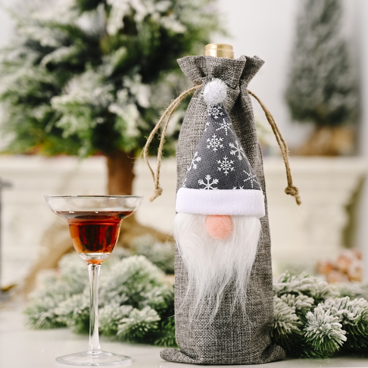 Christmas Decorations Forest Old Man Linen Wine Bottle Bag Grey