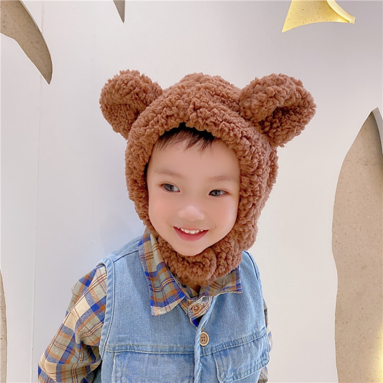 Winter Children Aolid Xolor Lamb Wool Warm Earmuffs Bear Shape Cap