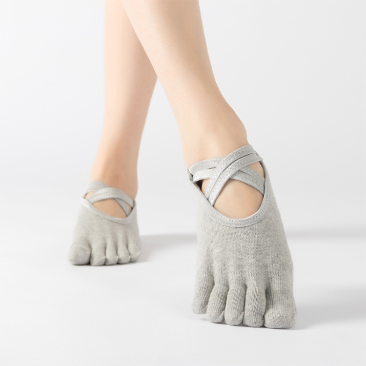 Terry Five-Finger Socks Cotton Thickened Warm and Non-Slip Yoga Socks Cross  Strap Dance Socks, Size: One Size(Full Toe (Light Gray))