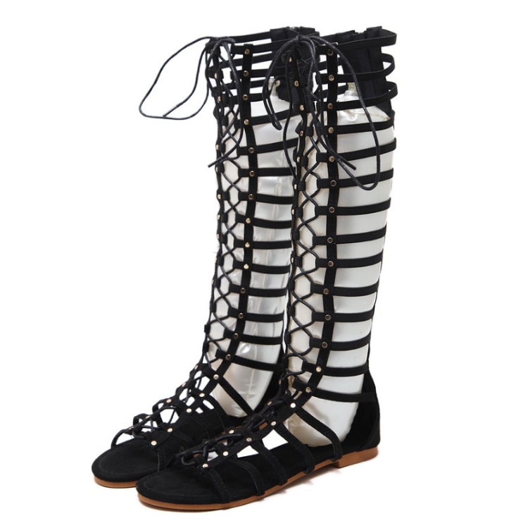 Nevelig Ontwikkelen lint Dames Romeinse stijl sandalen platte holle riem hoge sandalen, maat: 36  (zwart)