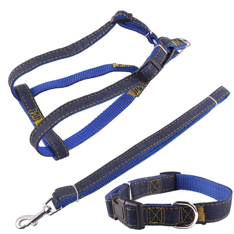 BG-Q1025 Guinzaglio + cinturino pettorale + collare set di guinzagli per  cani da compagnia in denim resistente ispessito, taglia: S (blu)