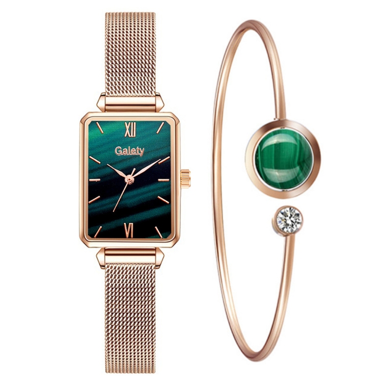 GAINE G690 Einziehbare Magnetschnalle Damen Mesh Gürtel Kleine Quadrat- Zifferblatt-Armbanduhr (Roségold Grünes Zifferblatt + H138)
