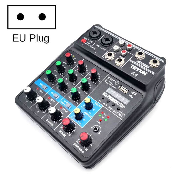 Professional Wireless 4 channel Audio Mixer TEYUN Portable Sound Mixing Console with USB Interface Digital MP3 Computer Input 48V Phantom Power Monitor for Home Studio Music Sound Recording 