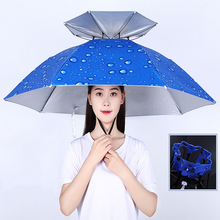 Double-layer Fishing Umbrella Hat Outdoor Sunscreen And Rainproof Folding Umbrella  Hat, Color: 95 Blue (Rubber