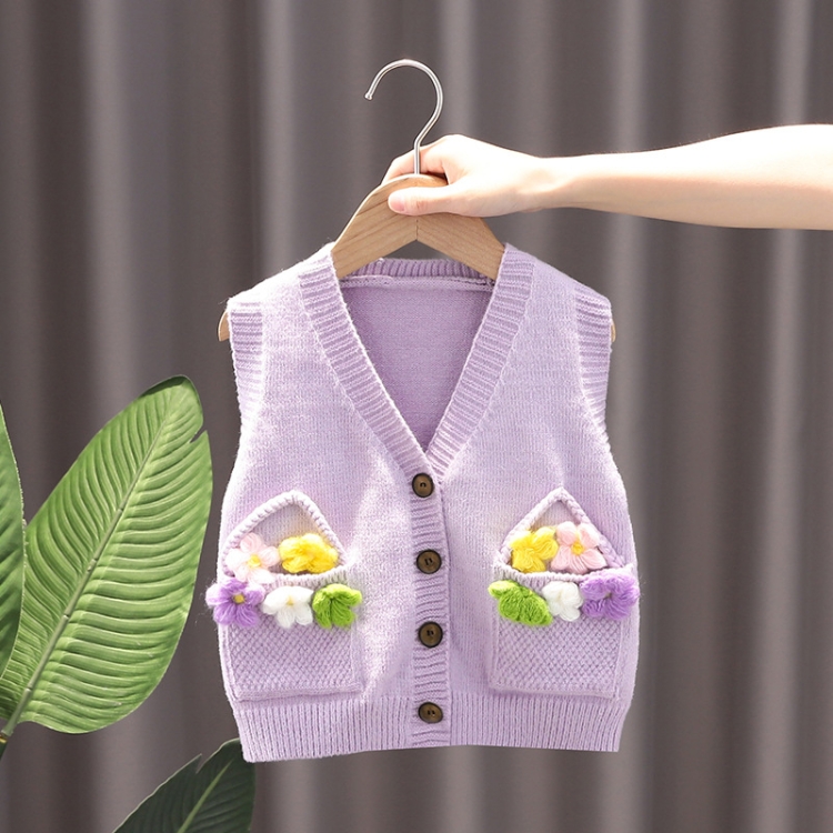 Bébé fille tricoté gilet fleur pull sous-vêtement extérieur, taille : 100  cm (violet)
