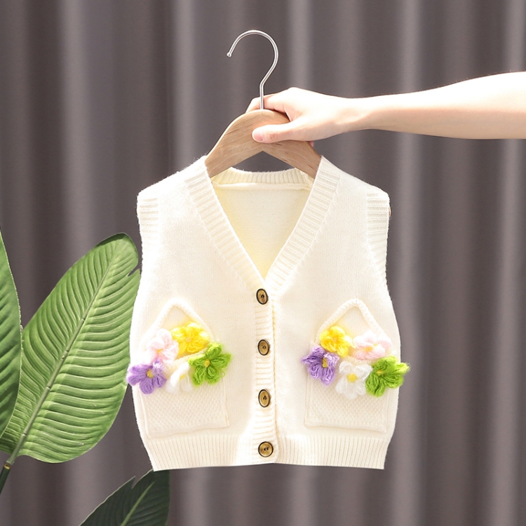 Bébé fille tricoté gilet fleur pull sous-vêtement extérieur, taille: 110 cm  (beige)