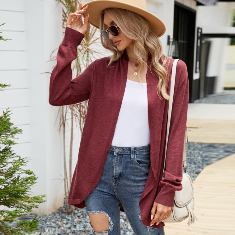 Women Mid-length Sweater Jacket Temperament Loose Knitted Cardigan, Size: L(Wine  Red)