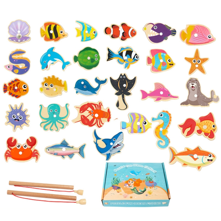 Wooden Magnetic Children Marine Fishing Puzzle Toys, Style: Boxed 28 Fish