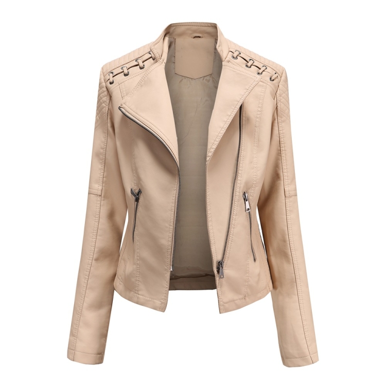 Women Short Leather Jacket Slim Jacket Motorcycle Suit, Size: L(Khaki)