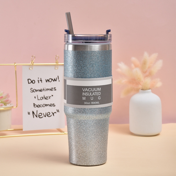 Ice　Insulation　With　Double　Layer　Coffee　Stainless　20oz　Cup　Cup　Steel　Glitter　Car　Cup　Straw(Blue