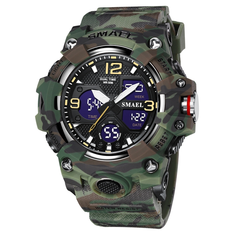 SMAEL 8008 Reloj electronico deportivo de camuflaje impermeable para exteriores Reloj de cintura multifuncion luminoso verde