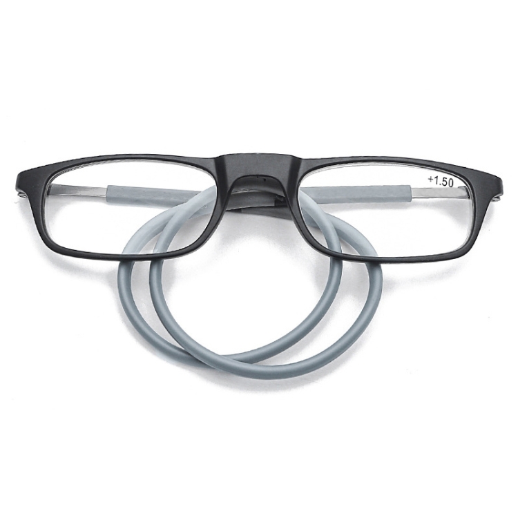 Portable Magnetic Hanging Neck Retractable Reading Glasses 200 Black Frame Gray Legs