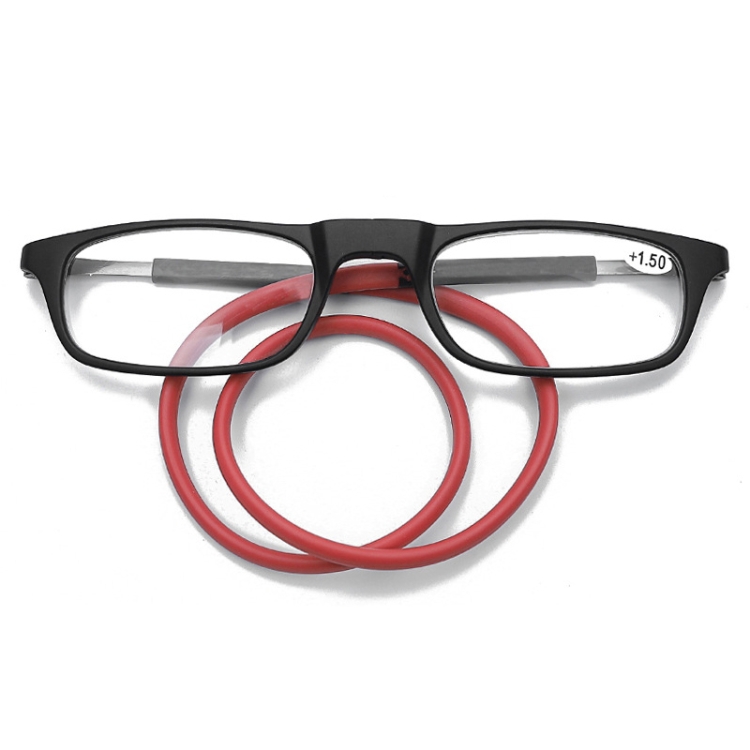 Portable Magnetic Hanging Neck Retractable Reading Glasses +325(Black Frame  Red Legs)